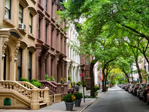 A Brooklyn street of brownstone houses with stone stoops, parked cars and tall trees in full leaf