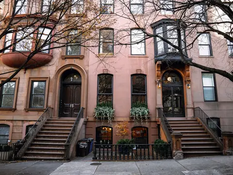 Two brownstone houses in Brooklyn with stone stoops, carved doorways and bare tree branches across them