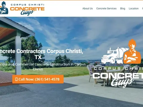 The Corpus Christi Concrete Guys website: the headline Concrete Contractors Corpus Christi, TX and a call button over a photograph of a concrete patio
