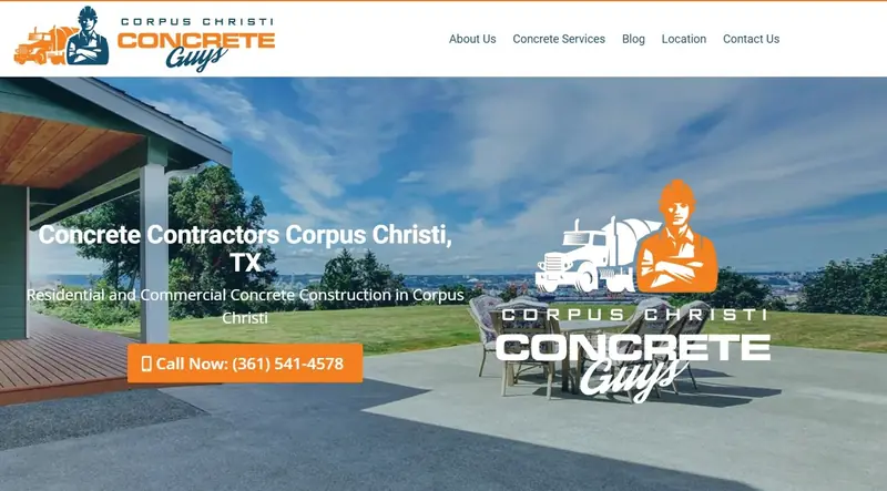 The Corpus Christi Concrete Guys website: the headline Concrete Contractors Corpus Christi, TX and a call button over a photograph of a concrete patio
