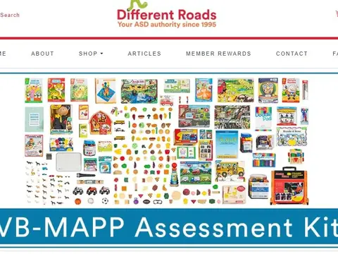 The Different Roads website: the logo and menu above a grid of colourful teaching materials and a banner reading VB-MAPP Assessment Kit
