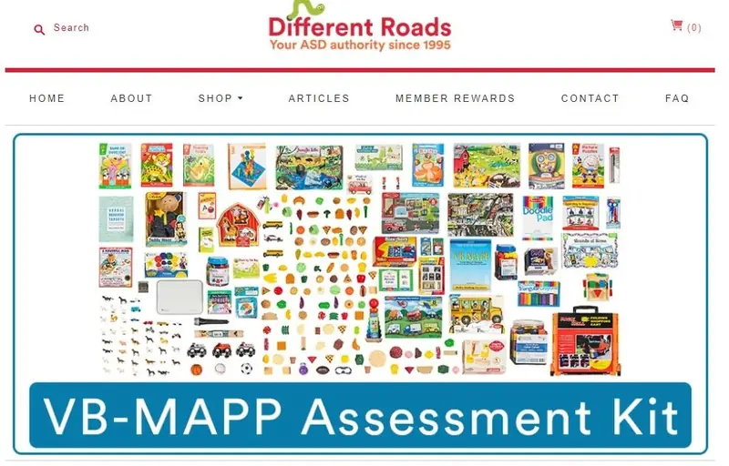 The Different Roads website: the logo and menu above a grid of colourful teaching materials and a banner reading VB-MAPP Assessment Kit