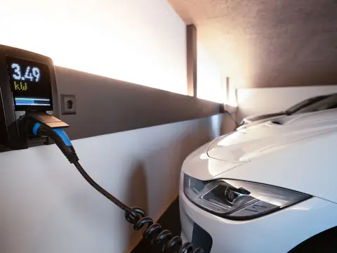 A white electric car plugged into a wall charger in a garage