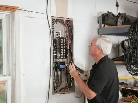 A grey-haired electrician checking an open breaker panel on a white wall with a tester