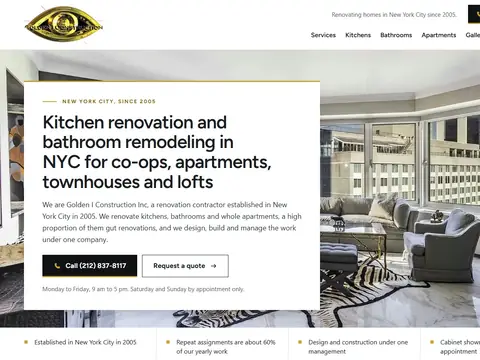 The new Golden I Construction homepage: a white panel with a headline about kitchen and bathroom remodeling in NYC over a photograph of a living room