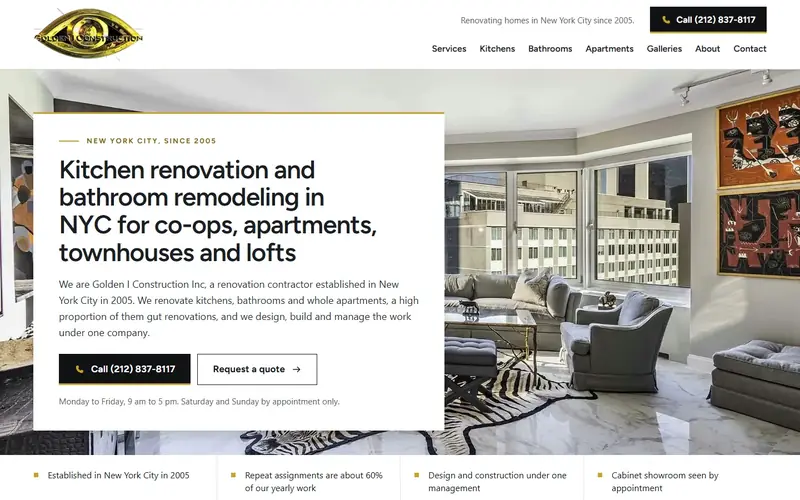 The new Golden I Construction homepage: a white panel with a headline about kitchen and bathroom remodeling in NYC over a photograph of a living room