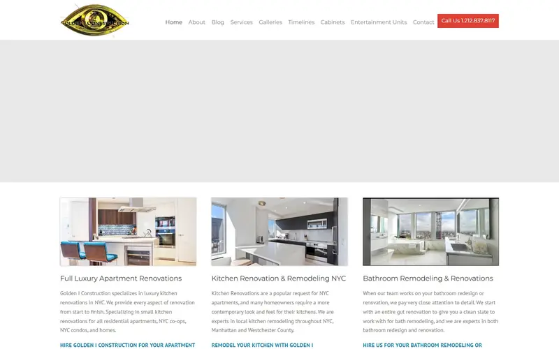 The old Golden I Construction homepage: a logo and menu, an empty grey band where the main picture should be, and three small pictures with text below