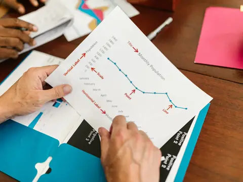 Hands holding a printed line chart over a table of papers and folders