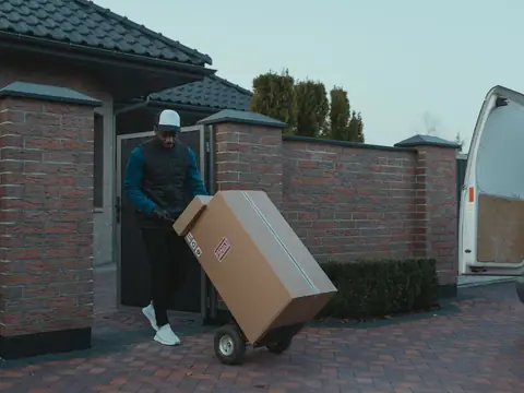 A man in a cap wheeling a large box on a hand truck through the gate of a brick house, a van door open beside him