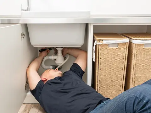 A plumber lying on his back under a white sink, working on the waste pipe with a wrench