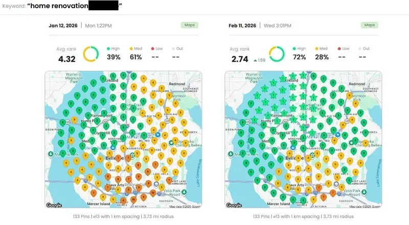 Two local rank maps for a home renovation search with the city blacked out, dated Jan 12 and Feb 11, 2026, the second with more green pins and stars