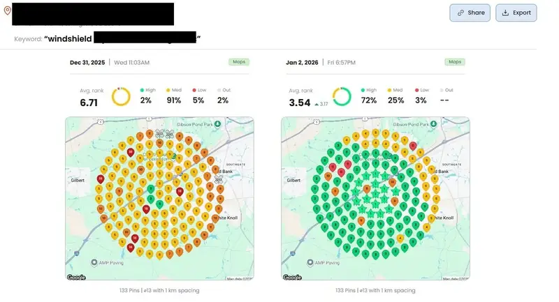 Two local rank maps for a windshield search with the rest blacked out, dated Dec 31, 2025 and Jan 2, 2026, the first mostly yellow and the second mostly green