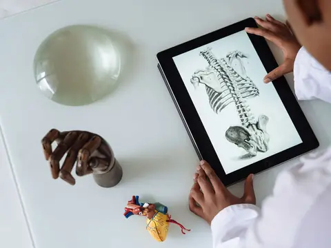 Hands holding a tablet that shows a drawing of a spine, on a white desk with anatomy models