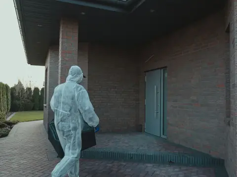 A person in a white protective suit carrying a case toward the door of a brick house