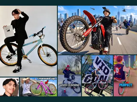 Christopher Maddaloni Jr. in a black suit, seated on a light blue bike and holding a YouTube creator award plaque, beside his face, a wheelie in front of a VidCon sign and frames from four of his ChrisTheSurfer videos